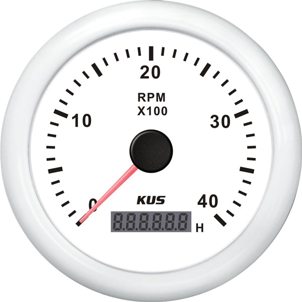 Kus Varvräknare bensin 0-4000rpm m. timräkn. vit 12/24v ø85